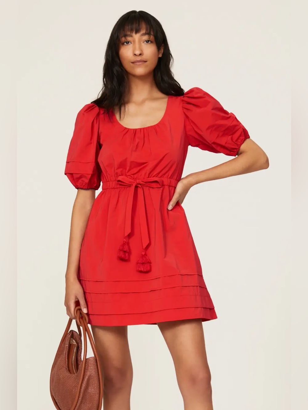Toccin || Tie Waist Lantern Sleeve Mini Dress Tassels Poppy Red 8